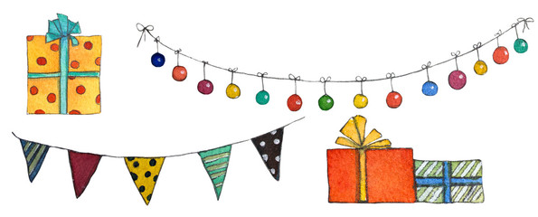 Set of christmas banners, lamps and gifts. Hand drawn watercolor illustration.