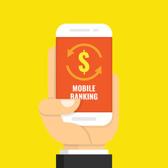 Concept for mobile banking and online payment. Flat cartoon style. Vector illustration.