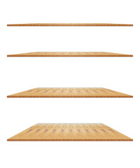 collection of brown wooden shelves on a white background that separates the objects. There are Clipping Paths for the designs and decoration