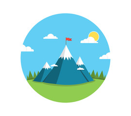 Top of the mountain with red flag. Business success concept. Flat vector illustration.