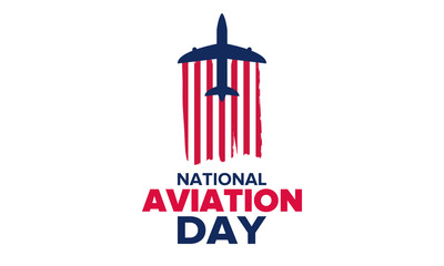 National Aviation Day in United States. Holiday, celebrated annual in August 19. Design with airplane and american flag. Patriotic element. Poster, greeting card, banner and background. Vector