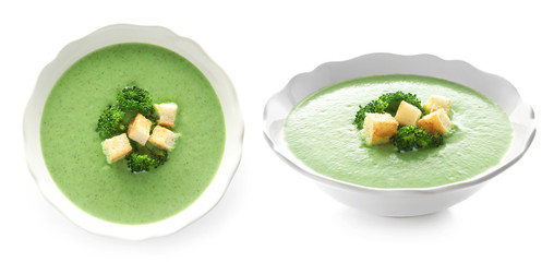 Fresh vegetable detox soup with croutons in dish on white background