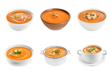 Set of fresh homemade pumpkin soup with croutons on white background