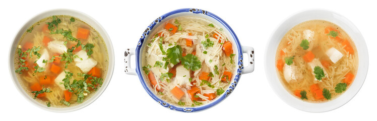Set of fresh homemade chicken soup on white background, top view