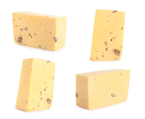 Set of delicious cheese on white background