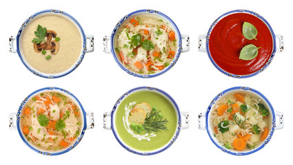 Set of different fresh homemade soups on white background, top view