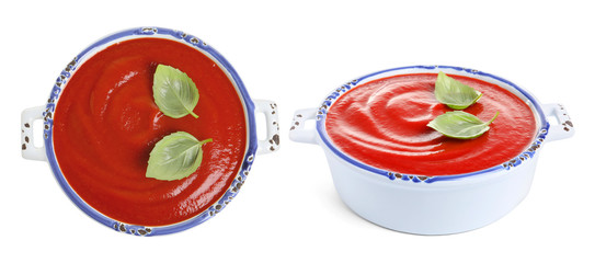 Fresh vegetable detox soup with croutons in dish on white background