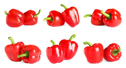 Set of fresh red bell peppers on white background