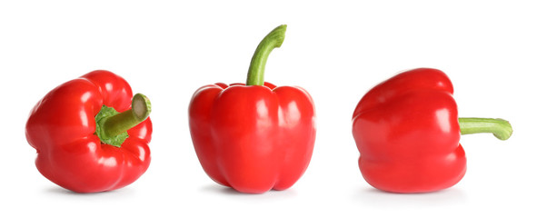 Set of fresh red bell peppers on white background. Banner design