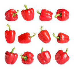 Set of fresh red bell peppers on white background