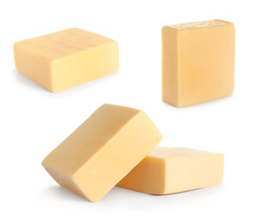 Set of delicious cheese on white background