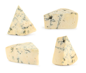 Set of delicious blue cheese on white background