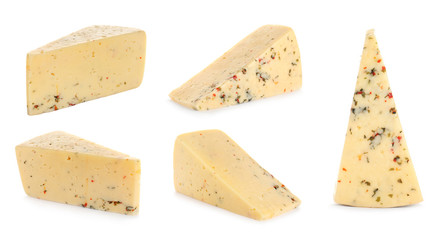 Set of delicious cheese on white background