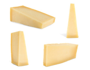 Set of delicious cheese on white background