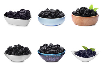 Set of fresh ripe blackberries on white background
