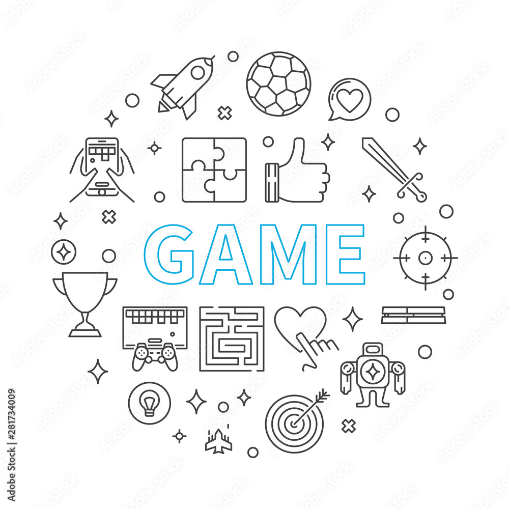 Poster game vector round concept minimal illustration in thin line style