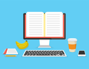 Education, training, online tutorial, e-learning concept. Work place with computer. Flat vector illustration.