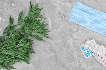Ragweed (Ambrosia) with face mask and allergy medication on grey marble background, flat lay. Space...