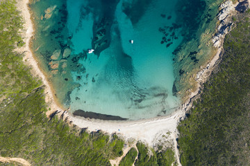 View from above, stunning aerial view of a wild beach bathed by a beautiful turquoise sea. (Emerald...