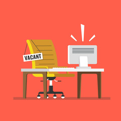 Composition with office chair Computer table and a sign vacant. Business hiring and recruiting concept. Flat vector illustration.