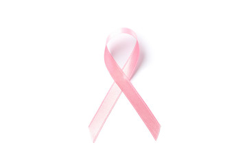 Pink awareness ribbon isolated on white background, top view