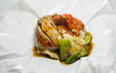 Roasted duck rice on the background, white food paper