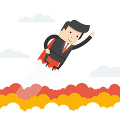 Super businessman in red cape flying to success. Business concept. Flat cartoon style. Vector illustration.