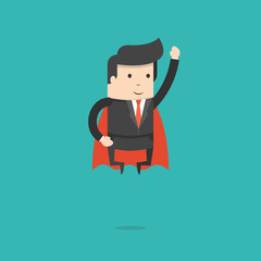 Super businessman in red cape flying to success. Business concept. Flat cartoon style. Vector illustration.