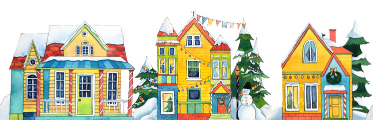 Seamless border Watercolor Winter Street Village City with snowman, trees, flags, snow. Hand drawn watercolor illustrtion.