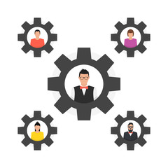 Gears teamwork concept. Business organization and communication. User icons set. Vector illustration.