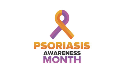 Psoriasis Awareness Month in August. Educate, inform, prevention in United States. Dermatology, skin body problems. Health care. Orchid and Orange ribbon. Poster, card, banner and background. Vector