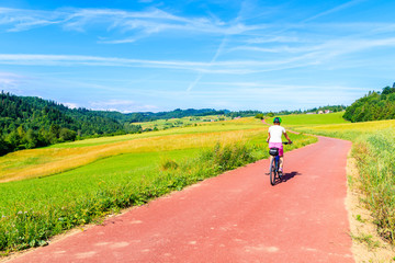 Obraz premium Young woman riding bike on cycling way along green fields near Czorsztynskie lake and Niedzica village, Pieniny Mountains, Poland