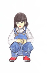 Drawing with watercolors: A child in blue overalls is sitting.