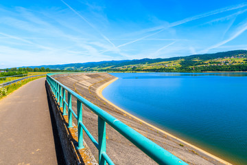 Cycling way along Czorsztynskie lake in Frydman village, Pieniny Mountains, Poland