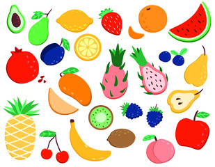 Fruits and berries big set.Colorful cartoon fruit icons: apple, pear, strawberry, orange,  plum, banana, watermelon, pineapple, coconut,blueberry, blackberry, lime, avocado, kiwi,mango.Vector isolated