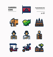 Cambodia icon set 1. Include flag, landmark, people, culture and more. Filled Outline icons Design. vector illustration