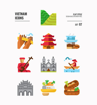 Vietnam icon set 2. Include landmark, people, food, culture and more. Flat icons Design. vector illustration