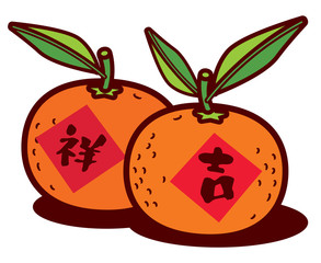 A pair of Chinese New year mandarin oranges with Chinese calligraphy greeting. Translation: Lucky or propitious - vector