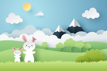 Paper art of rabbit and grass field - 281739697