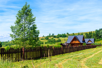 Wooden mountain houses on green fields near Czorsztynskie lake and Nowy Targ, Tatra Mountains, Poland