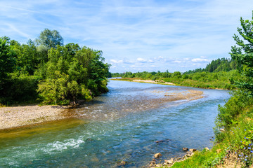 Dunajec river with green hills on shore on sunny summer day near Nowy Targ, Tatra Mountains, Poland
