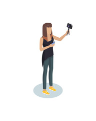 Vloger or blogger hipster girl with modern camera and smartphone devices in hands. Photography profession or hobby vector isometric person isolated