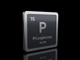 Phosphorus P, element symbol from periodic table series. 3D rendering isolated on black background