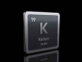 Potassium K, element symbol from periodic table series. 3D rendering isolated on black background