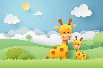 Obraz na płótnie Canvas Paper craft of giraffe and africa forest