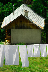 WOODEN CABIN IN THE FORREST WITH WHITE LAUNDRY INFRONT