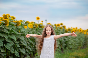 Beautiful portrait of a girl with long hair on a background of a field with sunflowers.