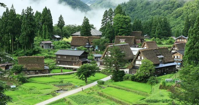 View of buildings in valley, Ainokura, Nanto, Toyama Prefecture, Japan