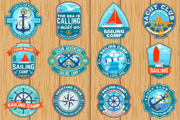 Set of summer sailing camp patches. Vector. Concept for shirt, stamp or tee. Vintage typography design with sea anchors, hand wheel, sail boat and rope knot silhouette. Ocean adventure.