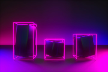 Blue pink neon light, empty postament, 80's retro style, fashion show stage, abstract background. Ultraviolet light. 3d rendering